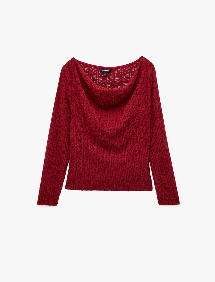  Degaje Yaka Dantel Tişört Yarı Transparan Slim Fit Uzun Kollu