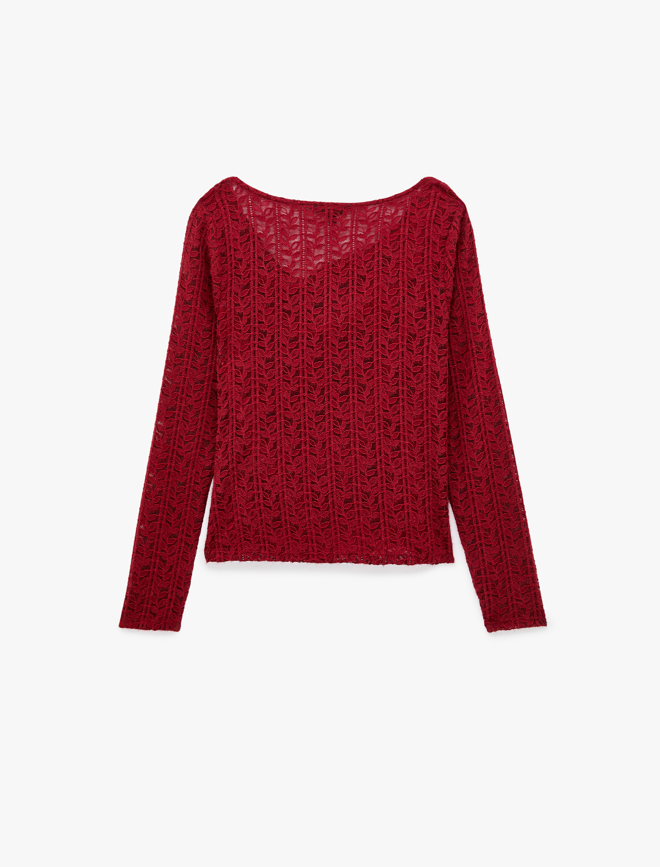   Degaje Yaka Dantel Tişört Yarı Transparan Slim Fit Uzun Kollu