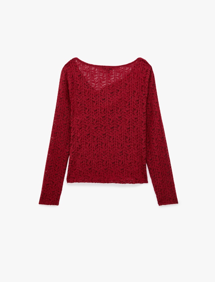  Degaje Yaka Dantel Tişört Yarı Transparan Slim Fit Uzun Kollu