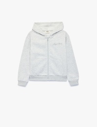 Pullu Payetli Arkası Baskılı Şardonlu Fermuarlı Kapşonlu Uzun Kollu Sweatshirt