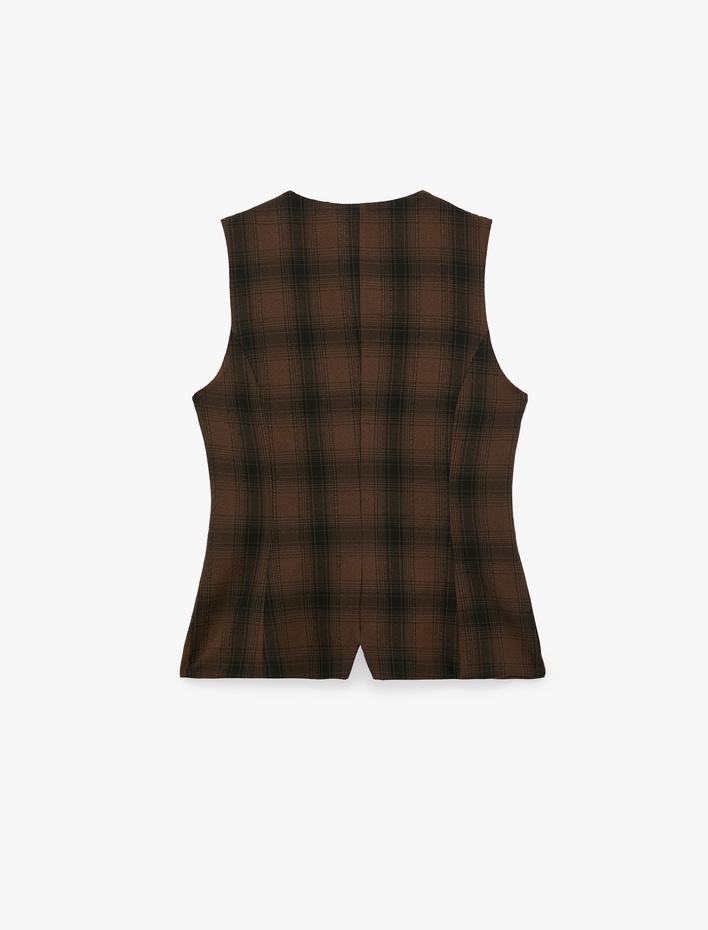  Ekose Yelek Slim Fit Düğmeli Bisiklet Yaka Kolsuz