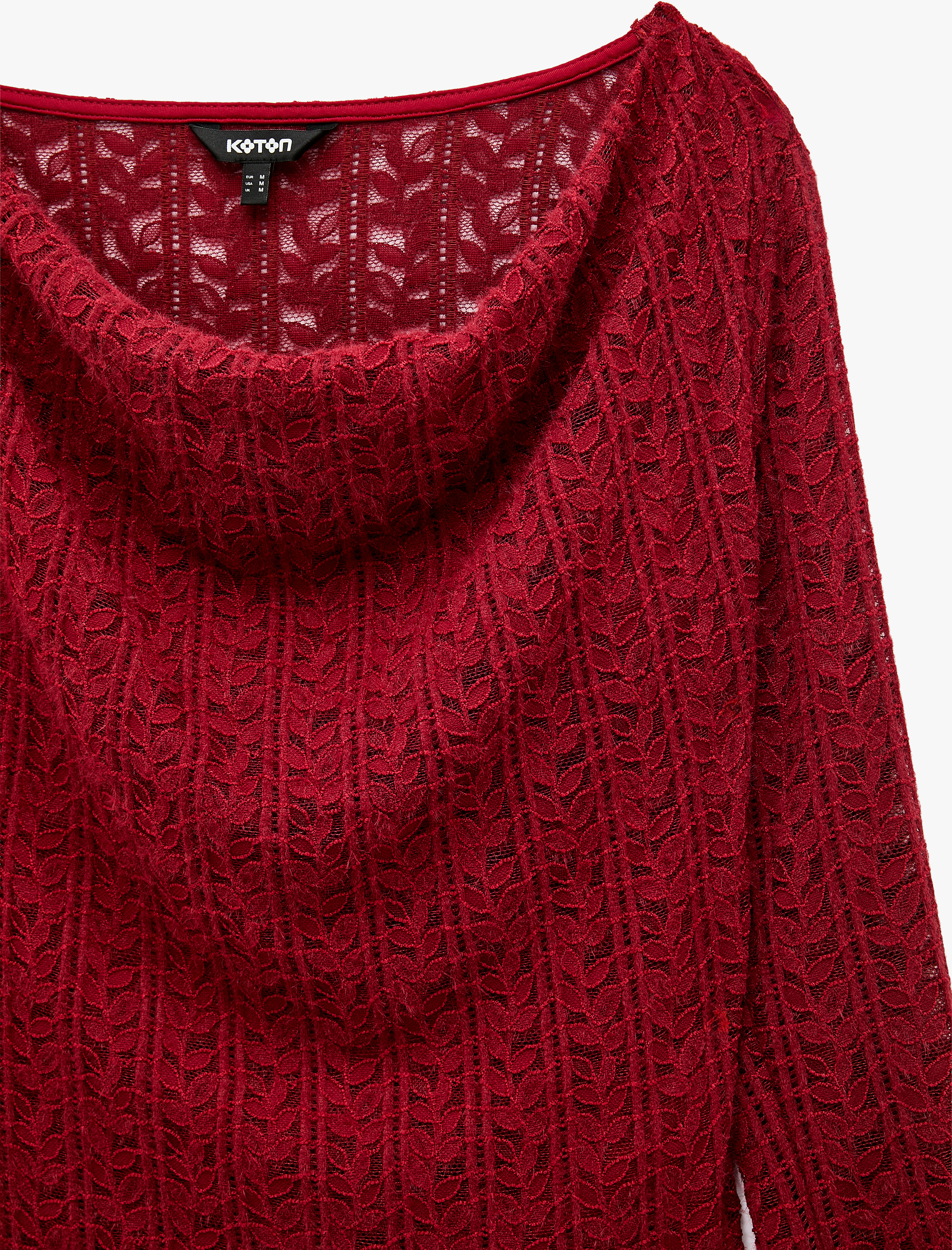  Degaje Yaka Dantel Tişört Yarı Transparan Slim Fit Uzun Kollu