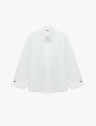 Nervürlü Oversize Poplin Gömlek Klasik Yaka Uzun Kollu Pamuklu