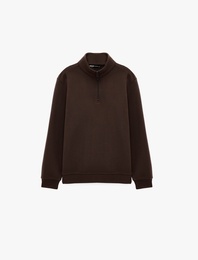 Uzun Kollu Üç İplik Şardonlu Yarım Fermuarlı Sweatshirt