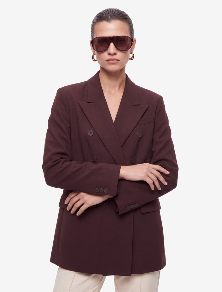  Viskon Karışımlı Cepli Düğmeli Uzun Kollu Kruvaze Blazer Ceket