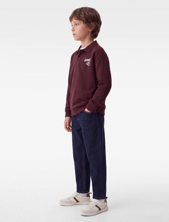 Erkek Çocuk Baskılı Şardonlu Uzun Kollu Regular Fit Polo Yaka Sweatshirt