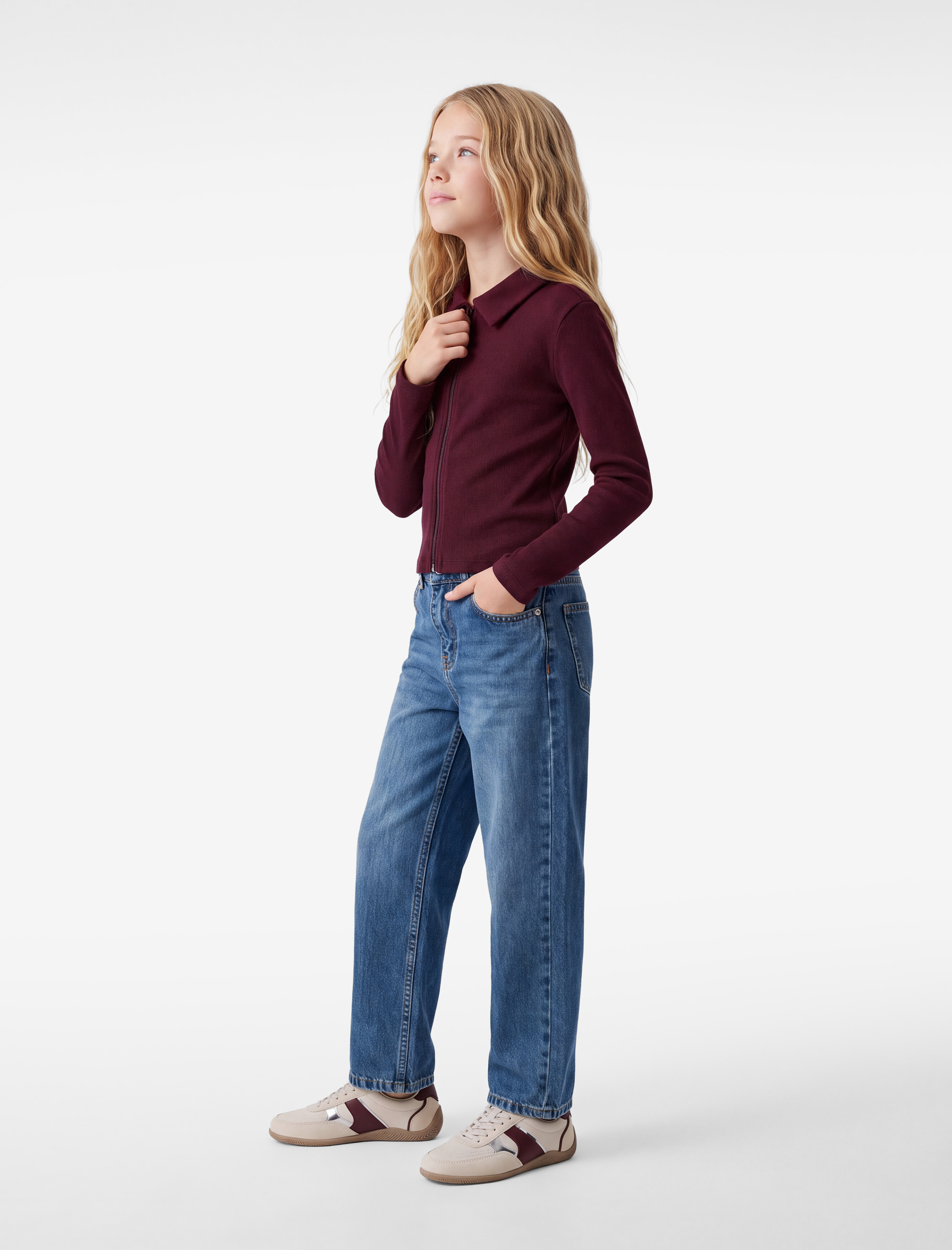  Kız Çocuk Slim Fit Pamuklu Kaşkorse Yakalı Uzun Kollu Fermuarlı Tişört