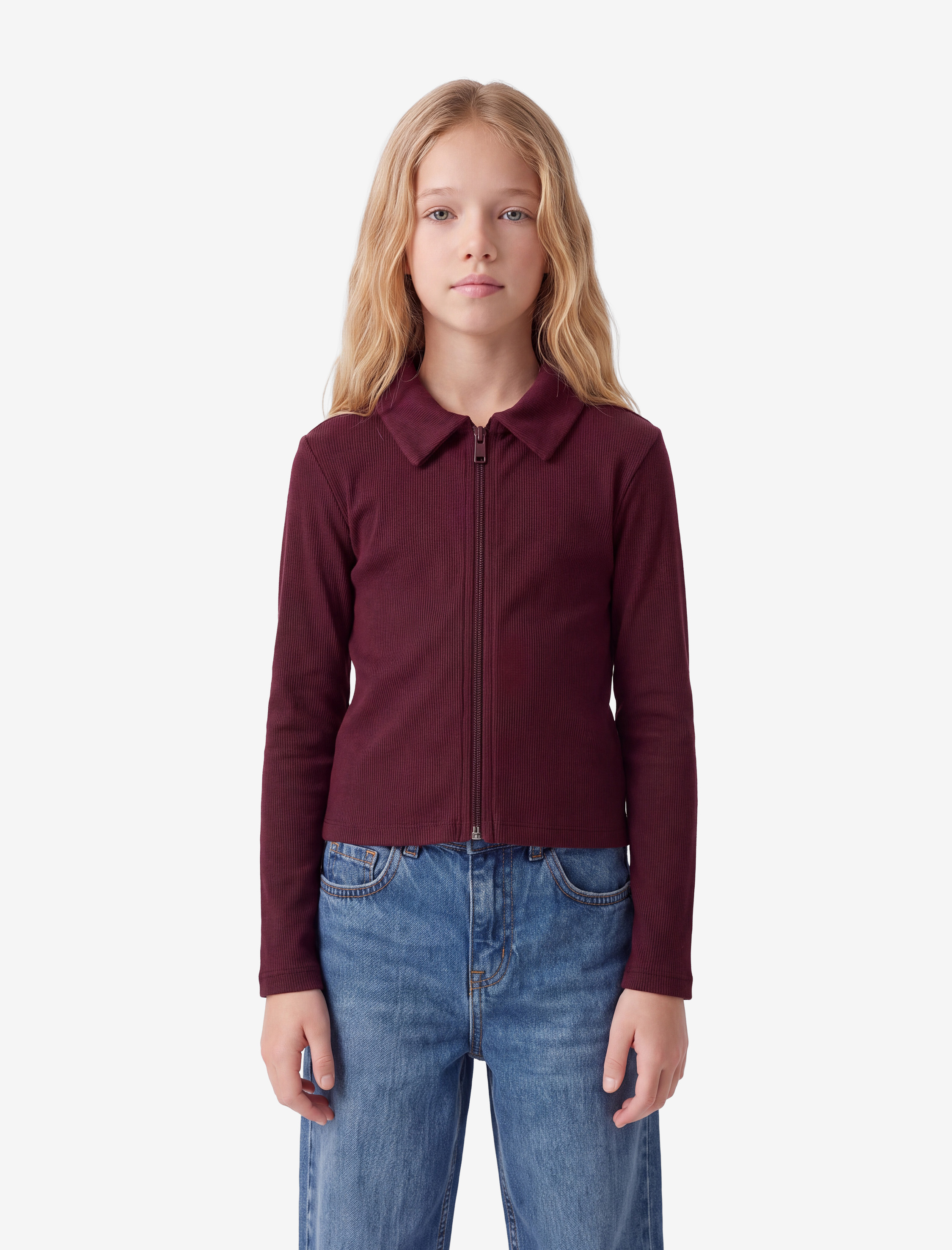  Kız Çocuk Slim Fit Pamuklu Kaşkorse Yakalı Uzun Kollu Fermuarlı Tişört