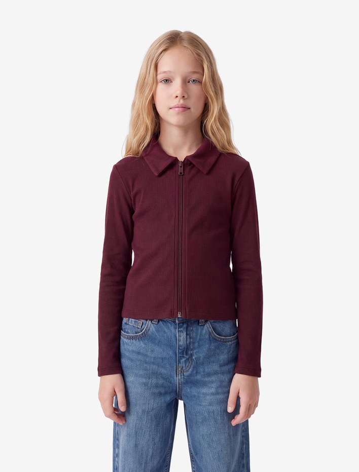 Kız Çocuk Slim Fit Pamuklu Kaşkorse Yakalı Uzun Kollu Fermuarlı Tişört
