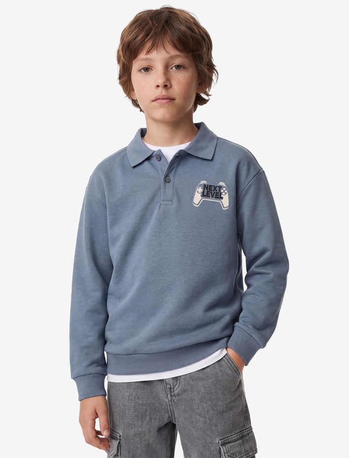 Erkek Çocuk Baskılı Regular Fit Şardonlu Polo Yaka Uzun Kollu Sweatshirt