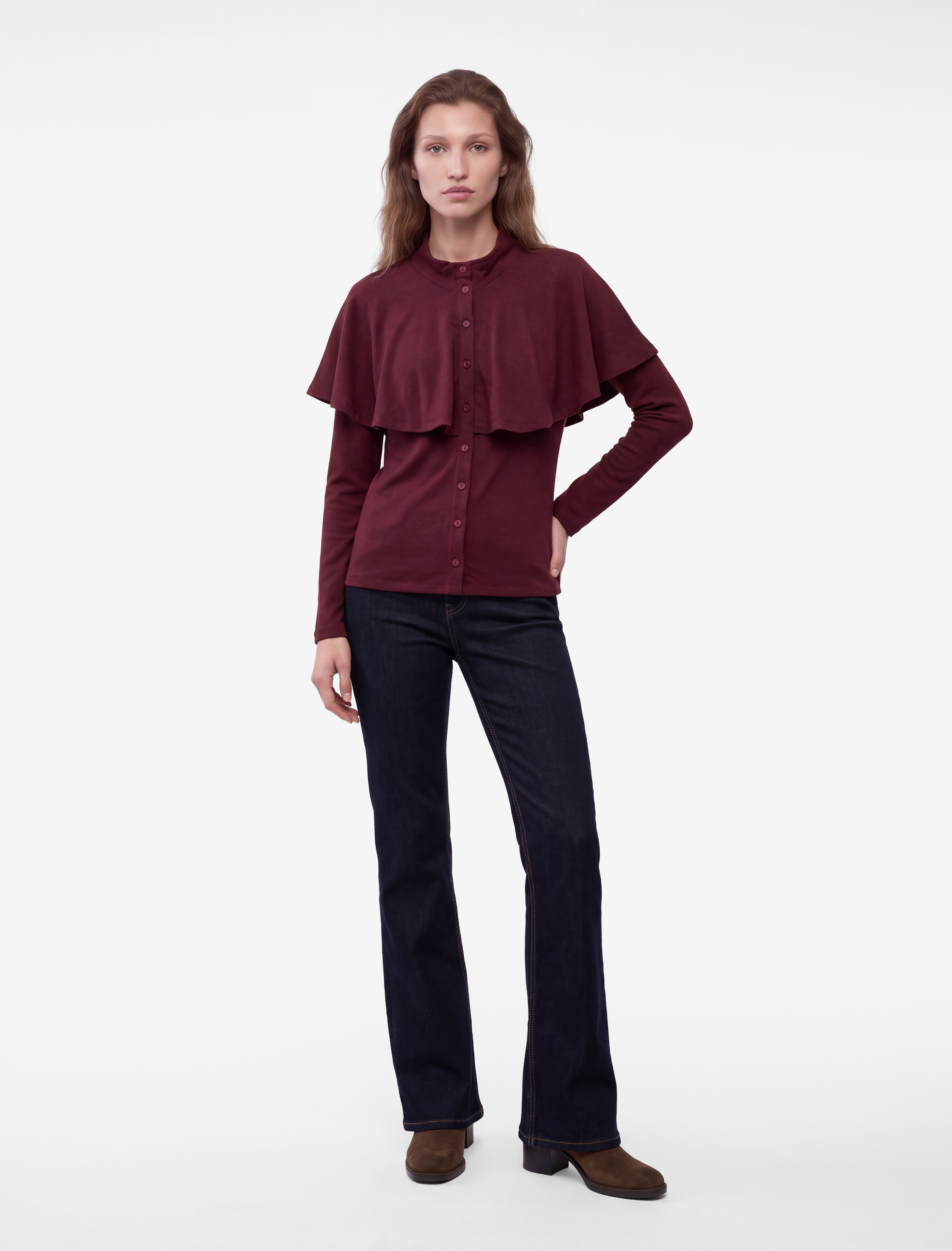   Düğmeli Slim Fit Uzun Kollu Dik Yaka Pelerinli Hırka