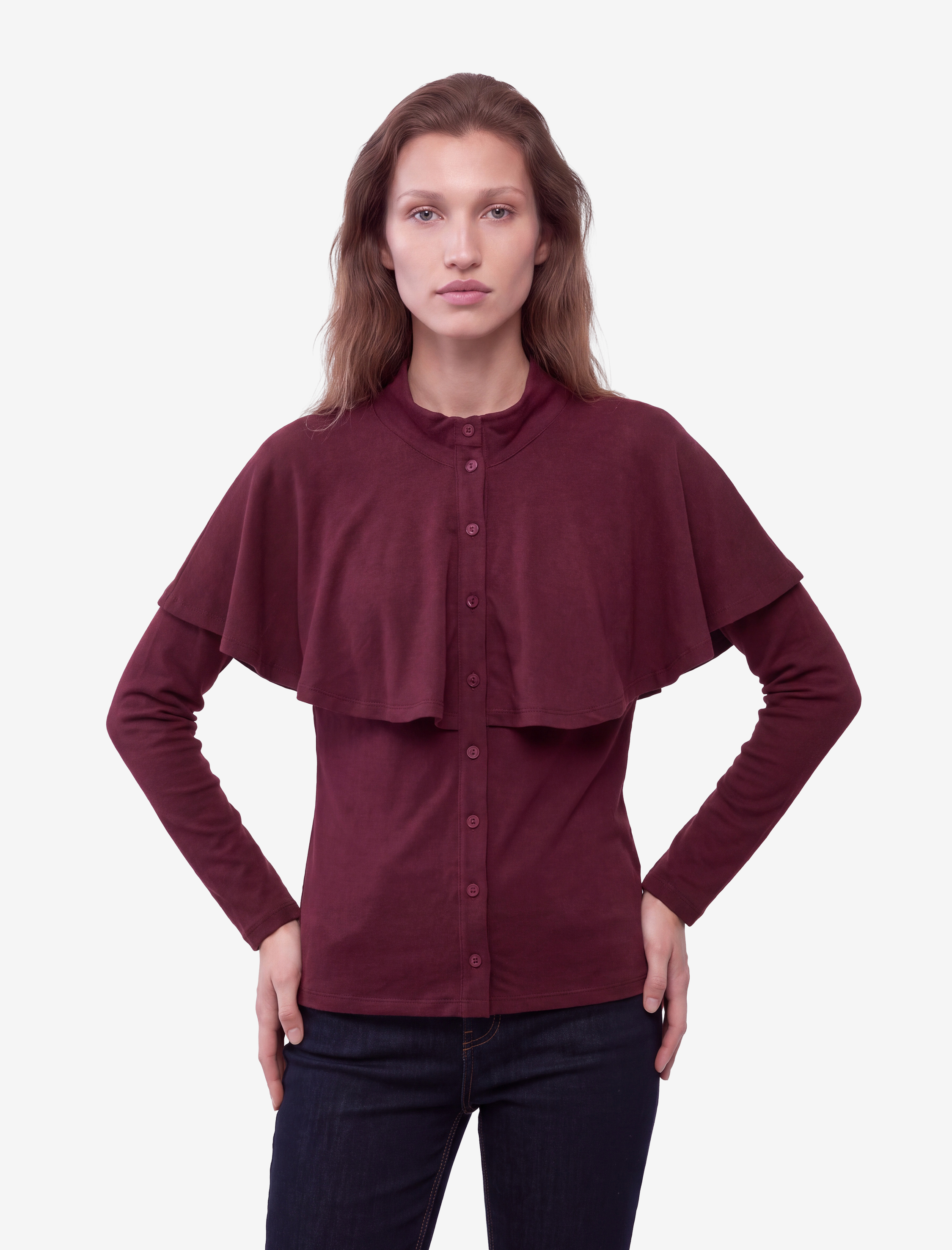   Düğmeli Slim Fit Uzun Kollu Dik Yaka Pelerinli Hırka