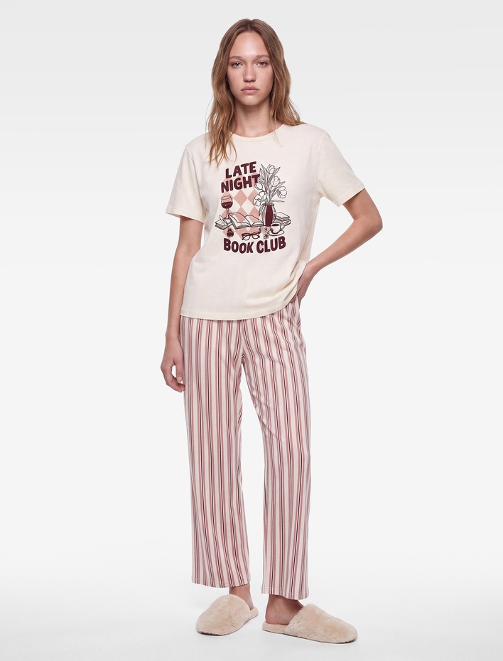  Rahat Kesim Bisiklet Yaka Kısa Kollu Çizgili Pijama Takımı