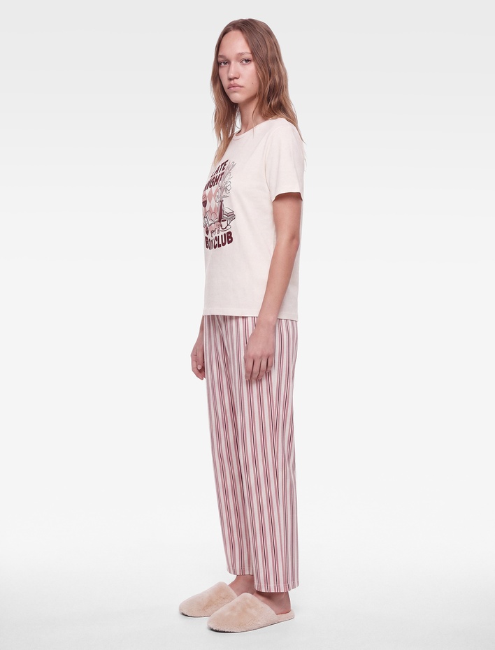  Rahat Kesim Bisiklet Yaka Kısa Kollu Çizgili Pijama Takımı