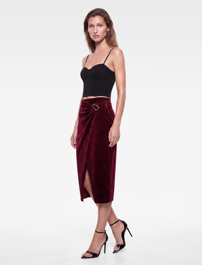  Slim Fit Aksesuarlı Yırtmaçlı Kruvaze Kadife Anvelop Midi Etek