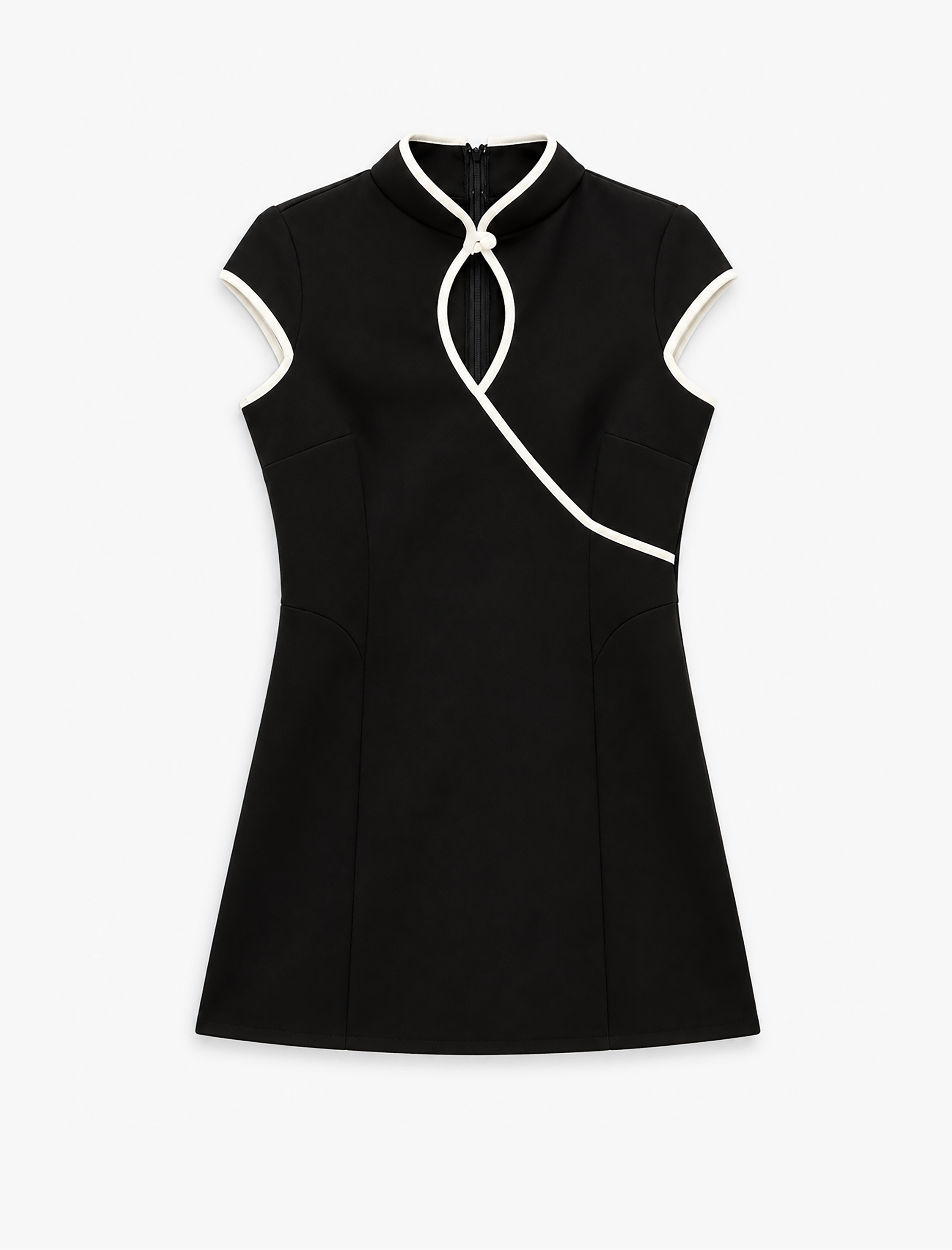   Slim Fit Kısa Kollu Kontrast Detaylı Dik Yaka Qipao Mini Elbise