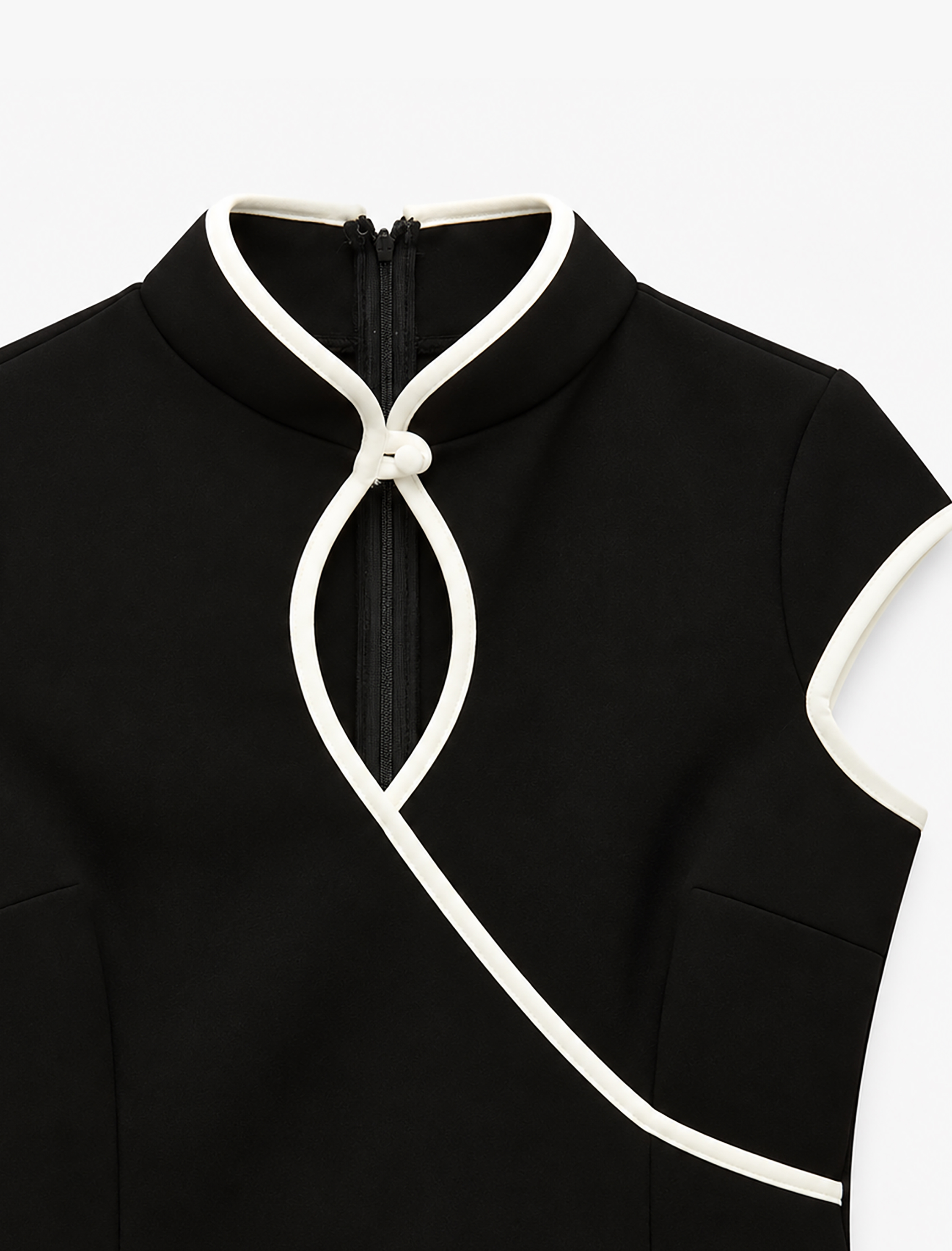   Slim Fit Kısa Kollu Kontrast Detaylı Dik Yaka Qipao Mini Elbise