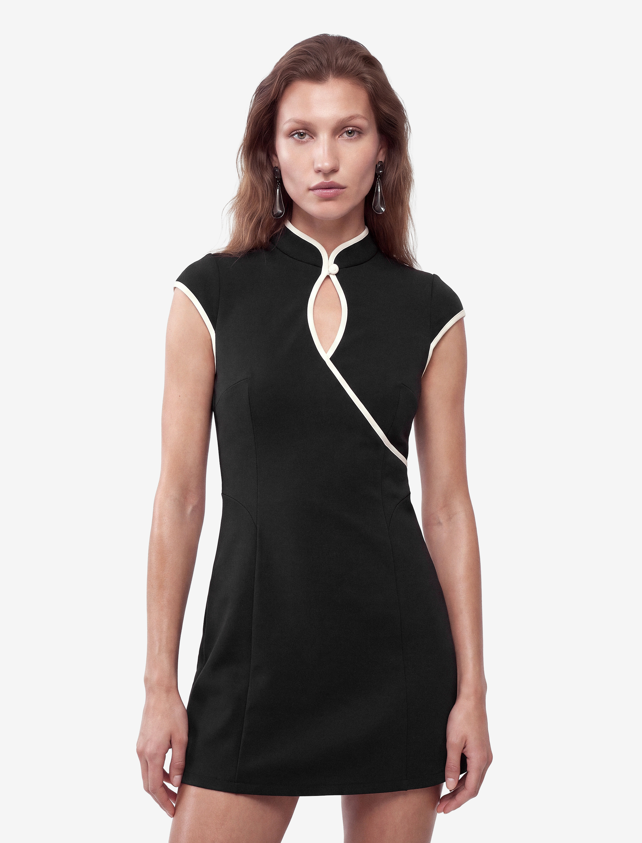   Slim Fit Kısa Kollu Kontrast Detaylı Dik Yaka Qipao Mini Elbise