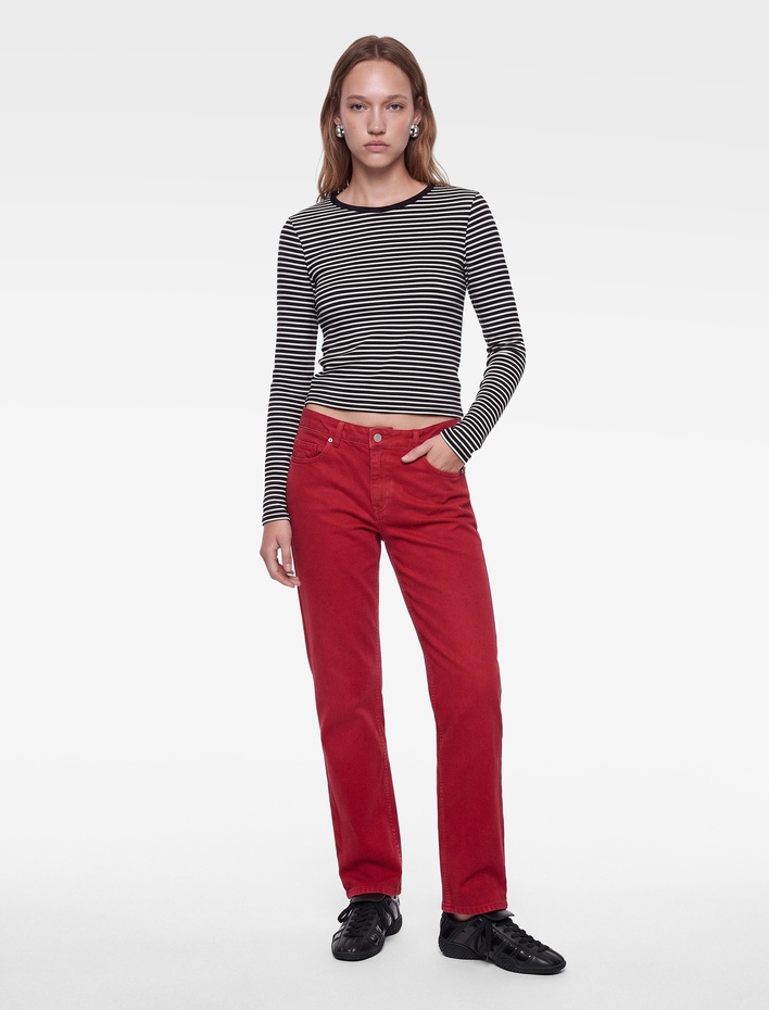  Slim Fit Pamuklu Çizgili Bisiklet Yaka Uzun Kollu Tişört