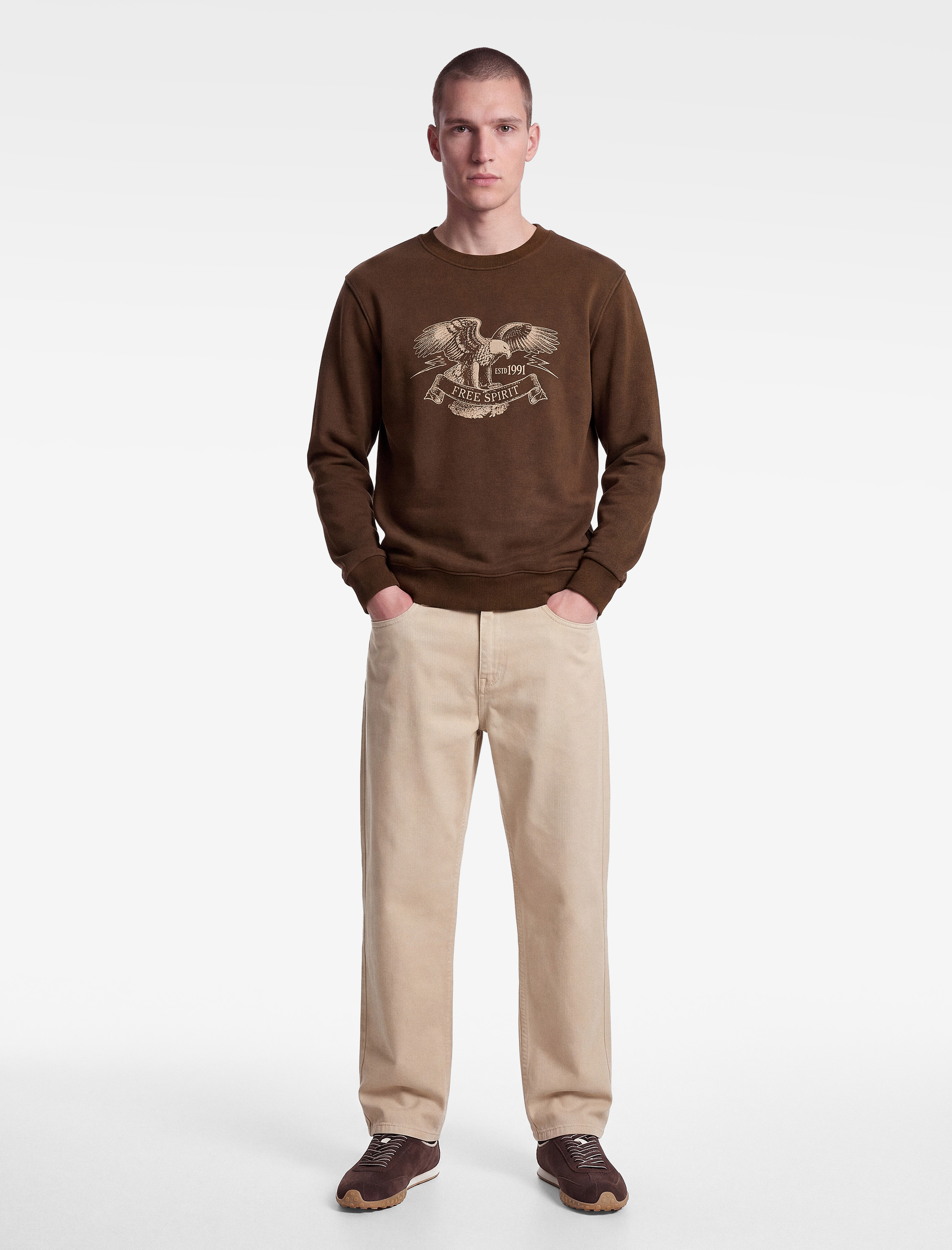   Uzun Kollu Şardonlu Bisiklet Yaka Yıkamalı Baskılı Sweatshirt