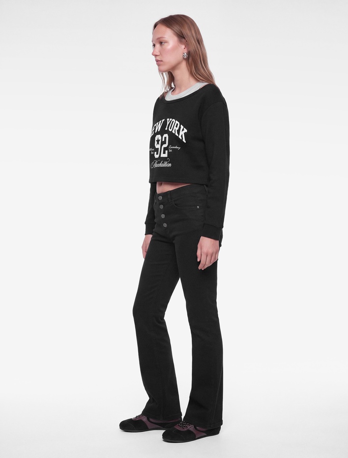  Şardonlu Rahat Kalıp Bisiklet Yaka Uzun Kollu Katmanlı Baskılı Sweatshirt