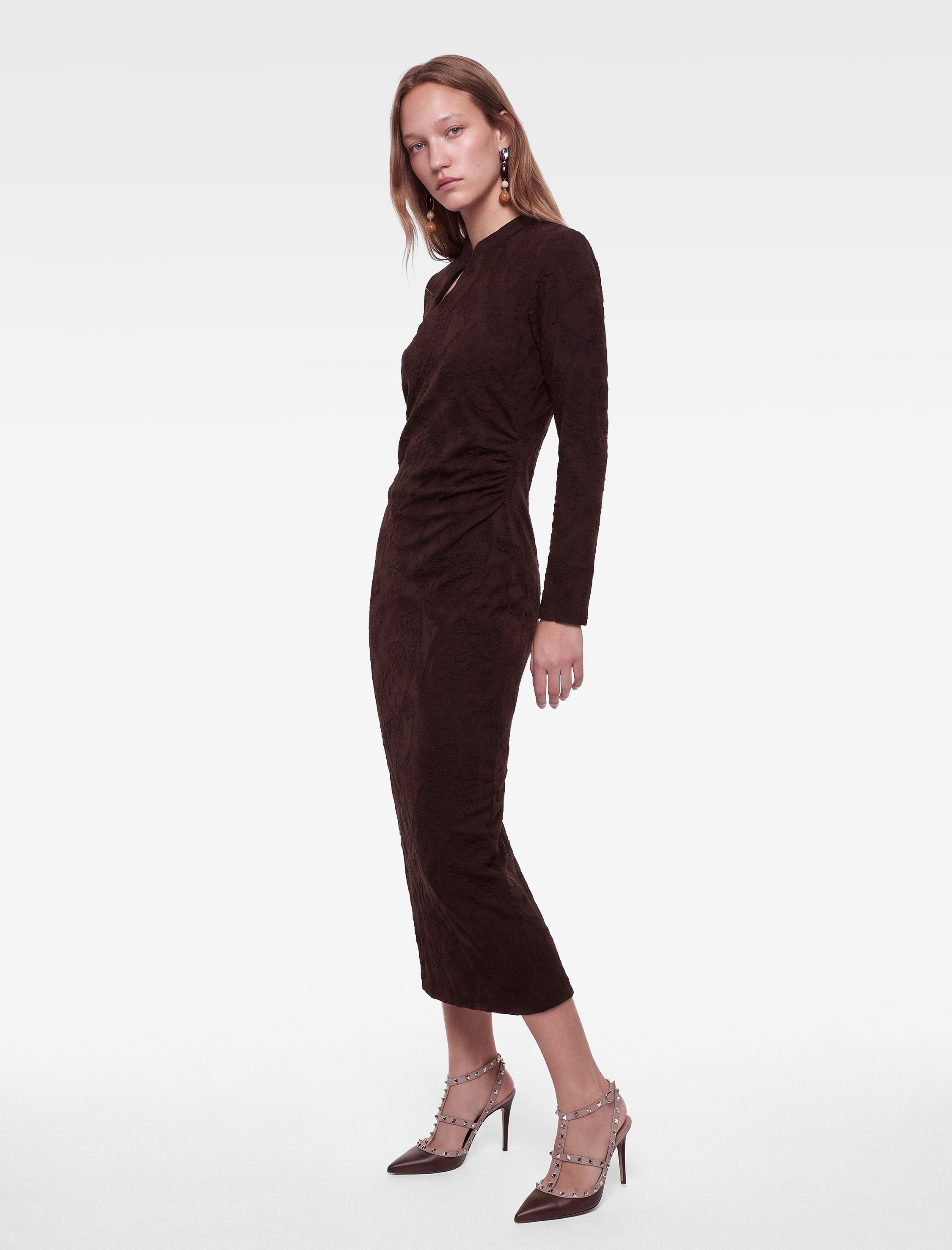   Slim Fit Mandarin Qipao Yaka Drapeli Dokulu Uzun Kollu Maxi Elbise