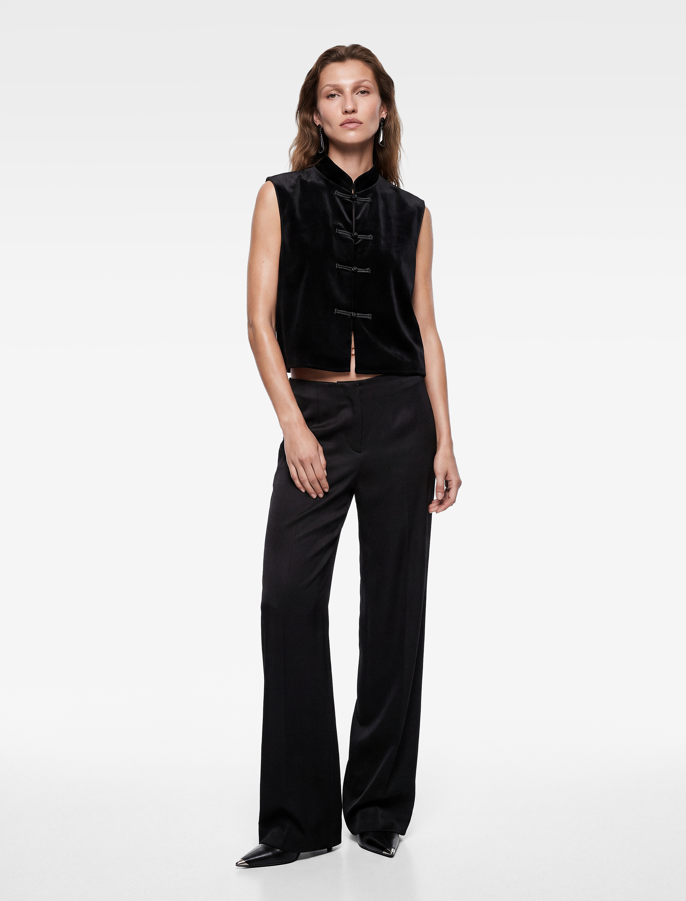   Mandarin Yaka Süslü Düğmeli Kadife Yelek