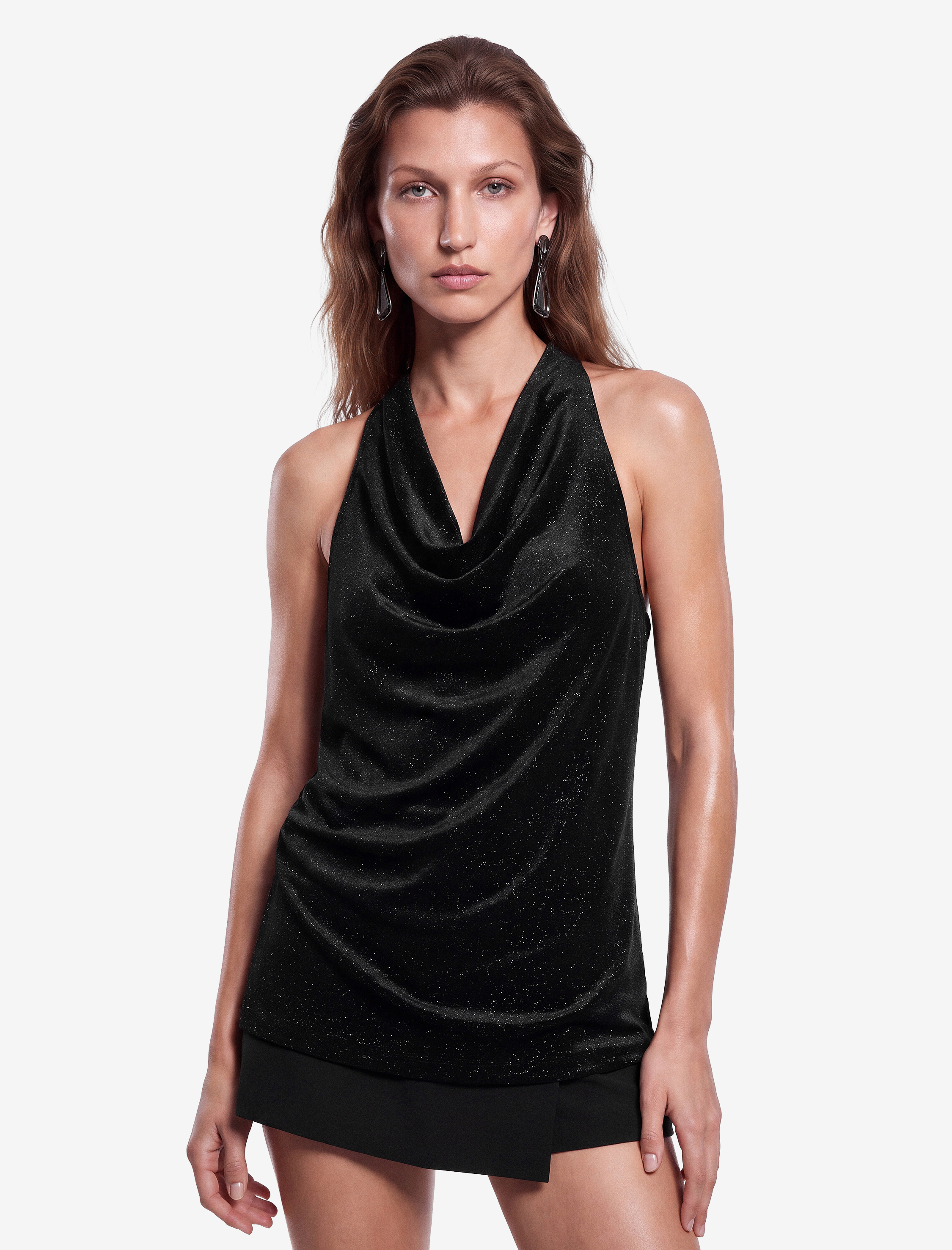   Slim Fit Kolsuz Drapeli Degaje Yaka Simli Kadife Bluz