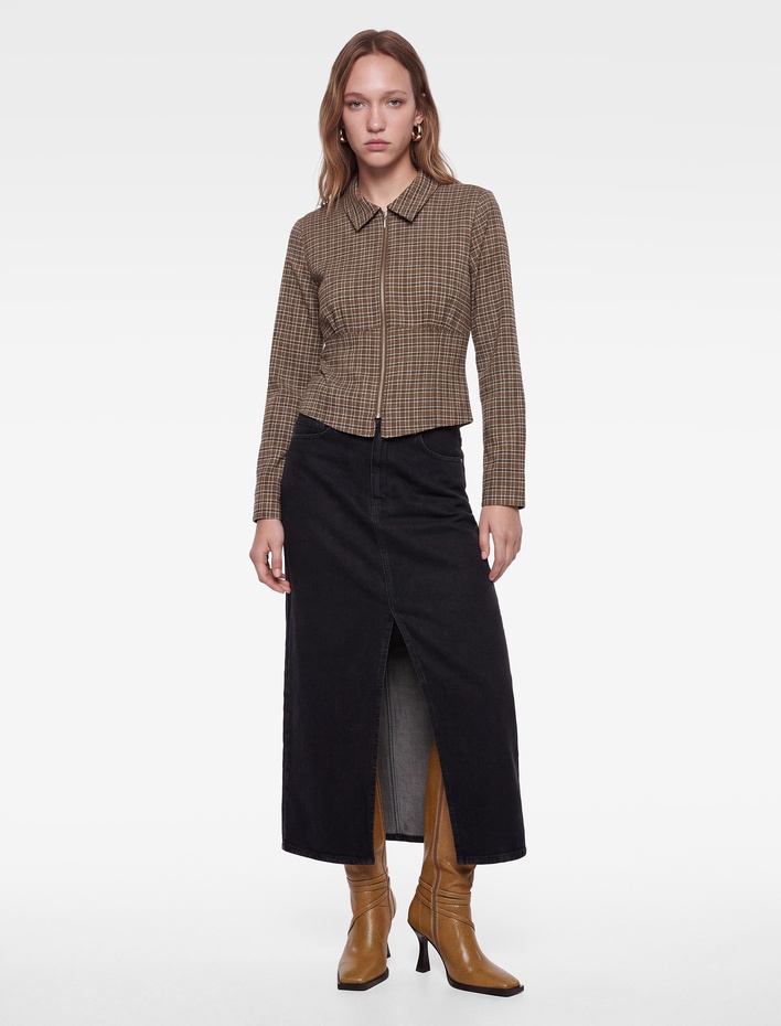  Slim Fit Klasik Yaka Korse Detaylı Uzun Kollu Fermuarlı Ekoseli Gömlek