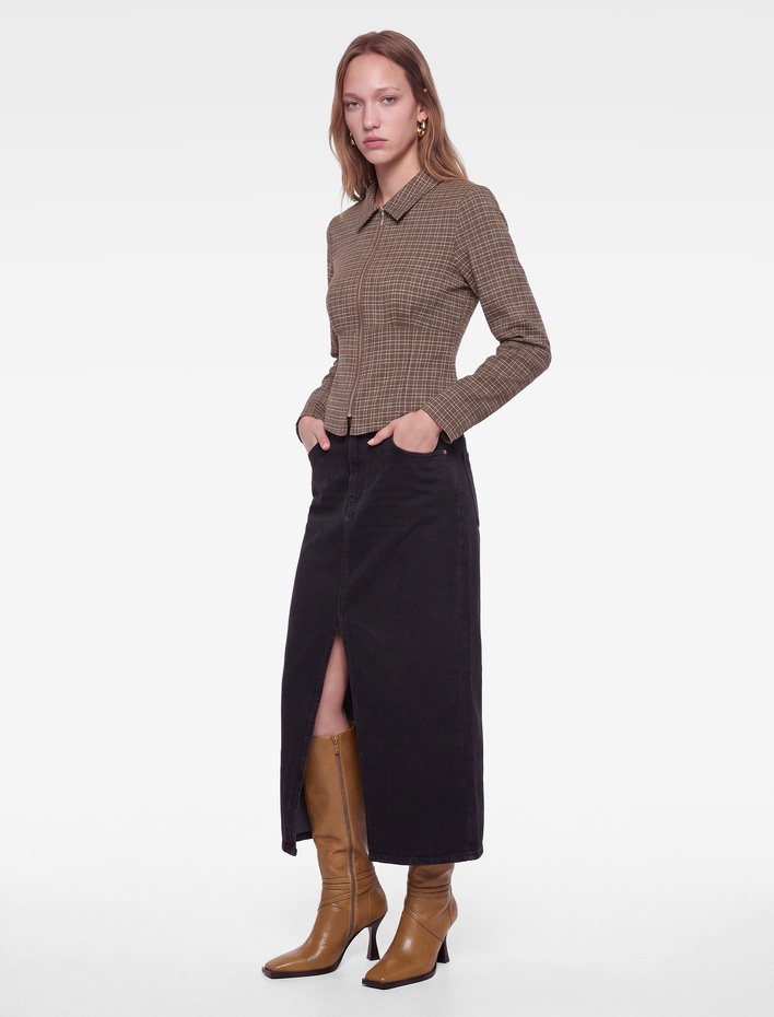  Slim Fit Klasik Yaka Korse Detaylı Uzun Kollu Fermuarlı Ekoseli Gömlek