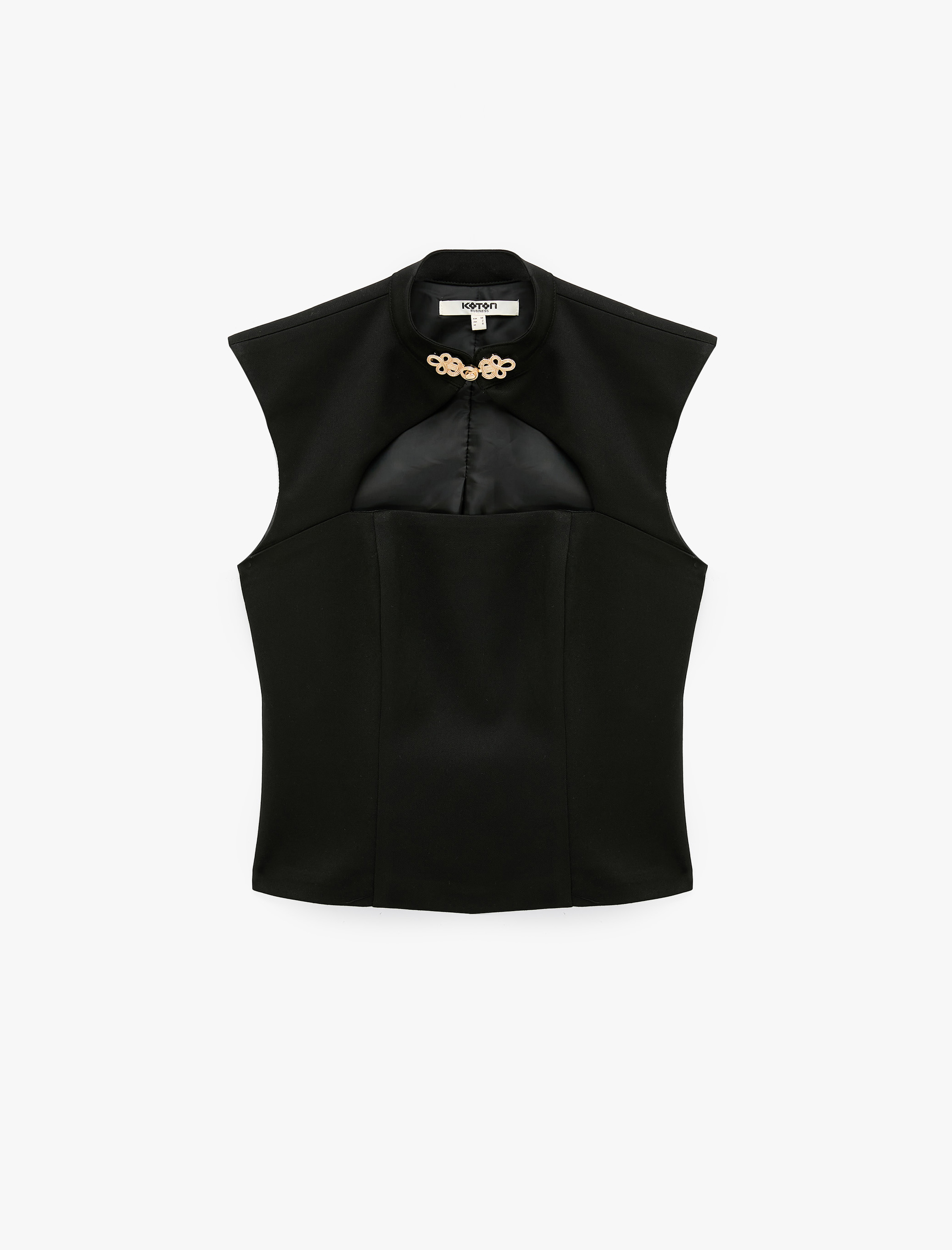   Pencere Detaylı Metal Düğmeli Qipao Yaka Kolsuz Korse Bluz