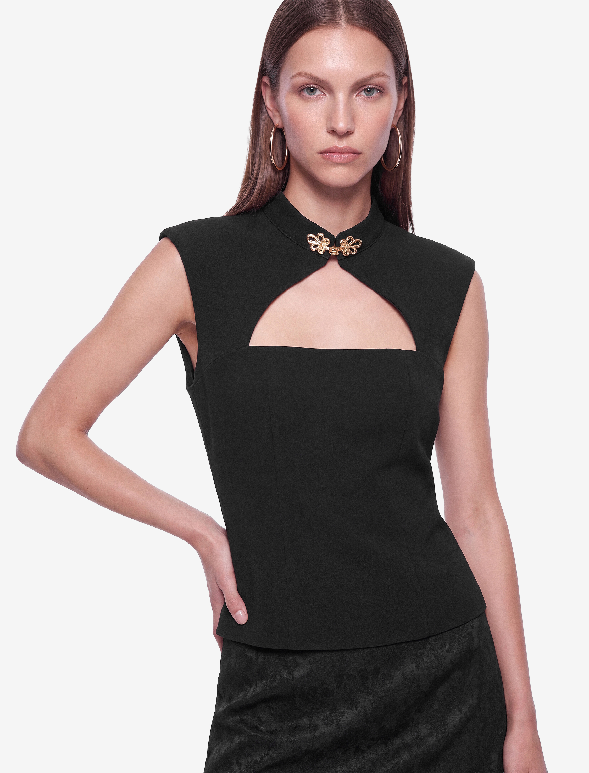   Pencere Detaylı Metal Düğmeli Qipao Yaka Kolsuz Korse Bluz