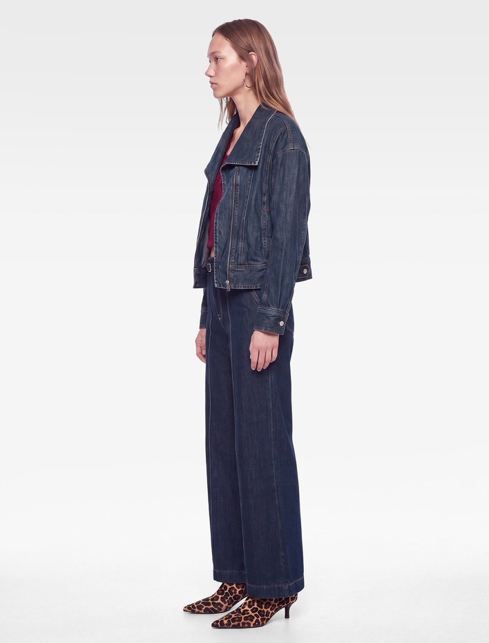  Kemerli Cepli Dikiş Detaylı Pamuklu Geniş Paça Denim Pantolon - Wide Leg Jeans