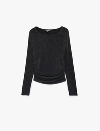 Drapeli Bisiklet Yaka Uzun Kollu Simli Tişört Slim Fit