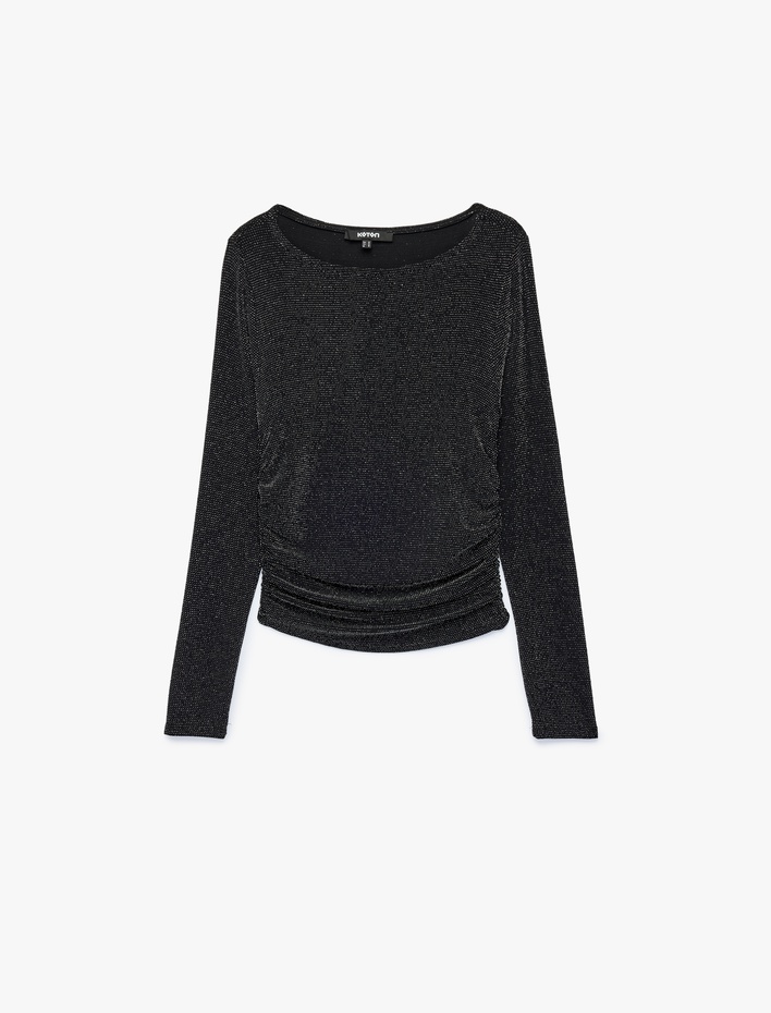  Drapeli Bisiklet Yaka Uzun Kollu Simli Tişört Slim Fit