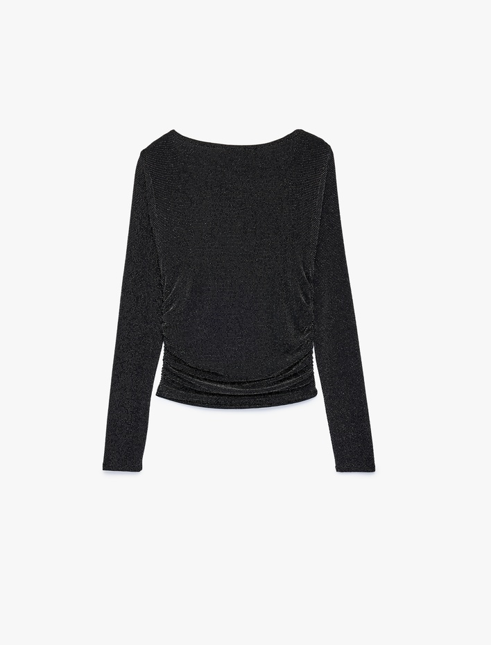  Drapeli Bisiklet Yaka Uzun Kollu Simli Tişört Slim Fit
