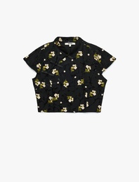 Süslü Düğmeli Kısa Kollu Çiçek Desenli Dik Qipao Yaka Crop Bluz