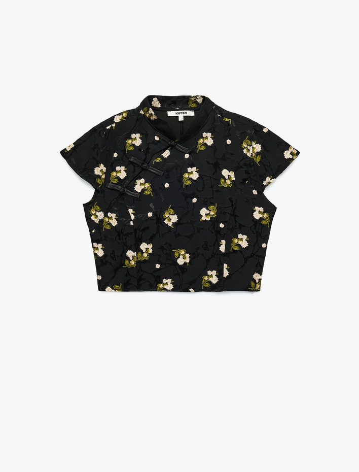  Süslü Düğmeli Kısa Kollu Çiçek Desenli Dik Qipao Yaka Crop Bluz