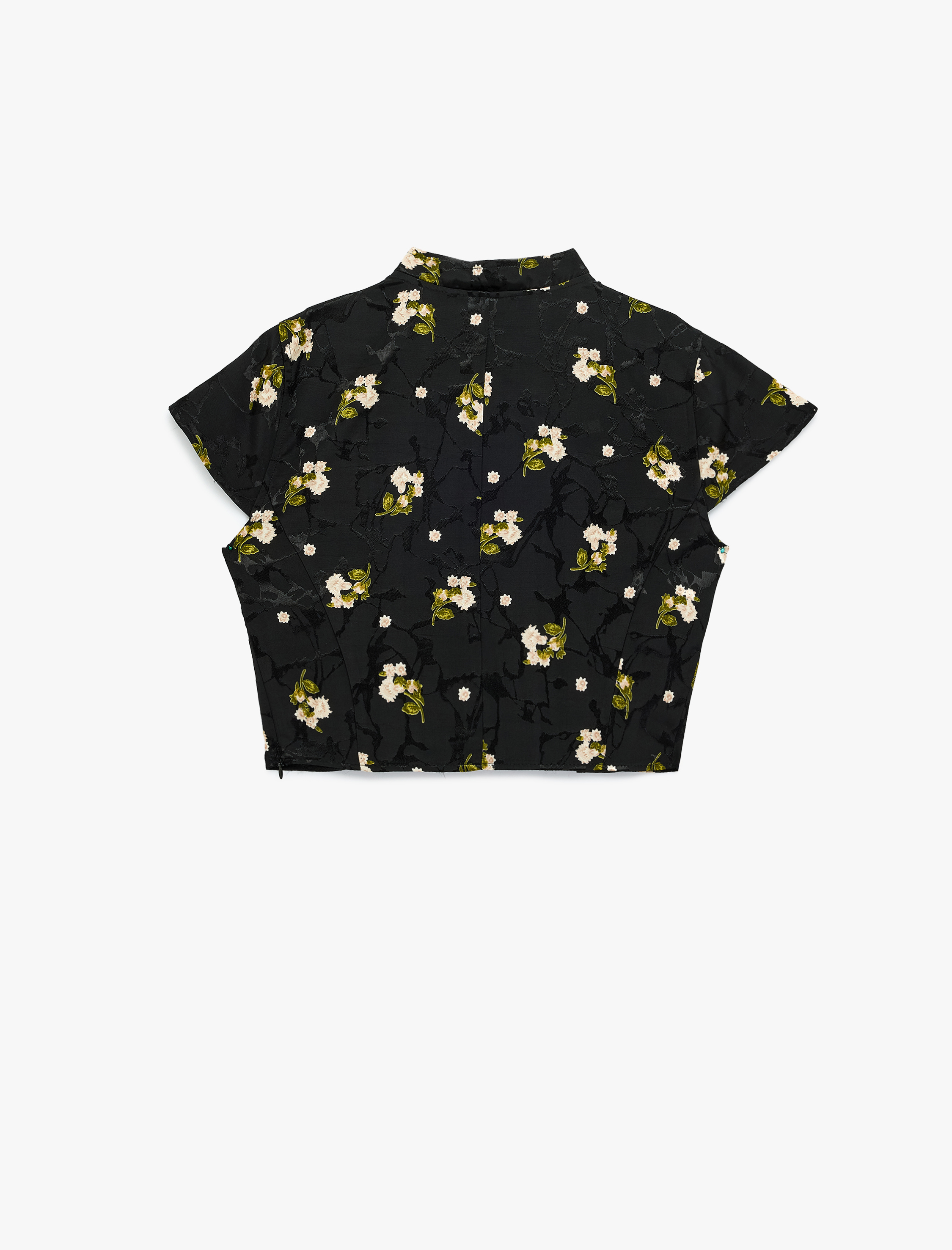   Süslü Düğmeli Kısa Kollu Çiçek Desenli Dik Qipao Yaka Crop Bluz
