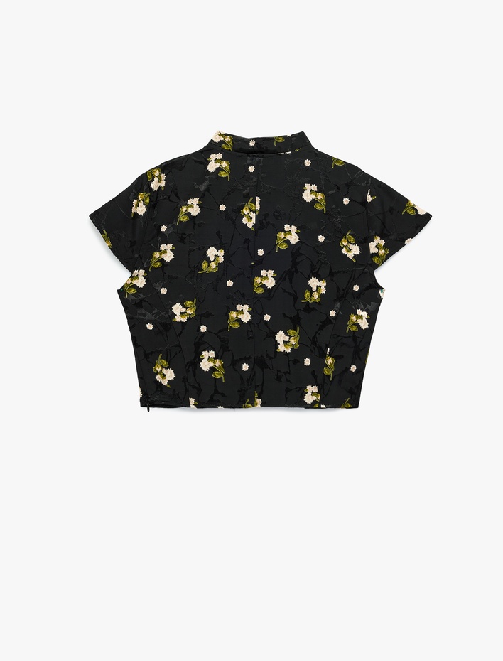  Süslü Düğmeli Kısa Kollu Çiçek Desenli Dik Qipao Yaka Crop Bluz