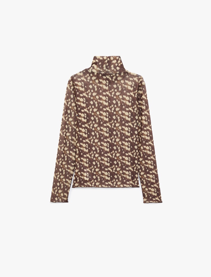  Dik Yaka Bambi Desenli Bluz Uzun Kollu Slim Fit
