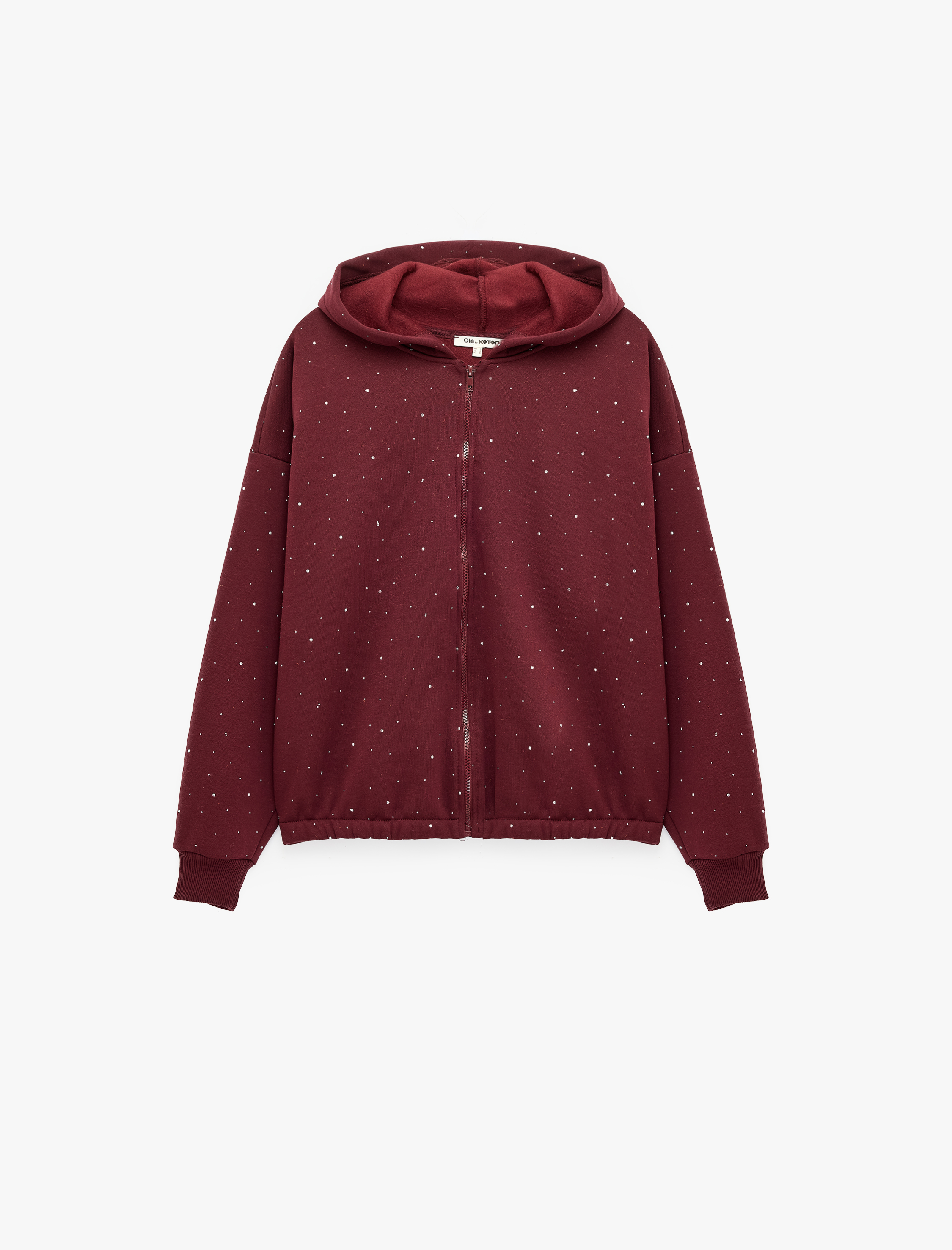   Üç İplik Şardonlu Uzun Kollu Fermuarlı Kapüşonlu Taşlı Sweatshirt