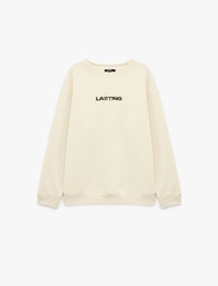 Uzun Kollu Bisiklet Yaka Şardonlu Rahat Kalıp Baskılı Sweatshirt
