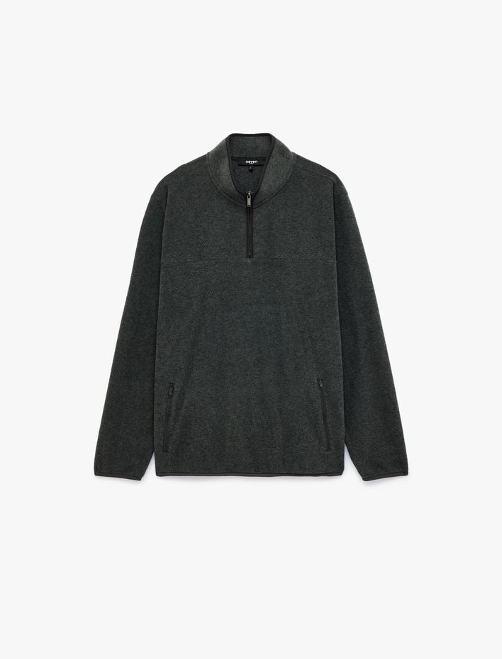  Uzun Kollu Dikiş Detaylı Yarım Fermuarlı Polar Sweatshirt
