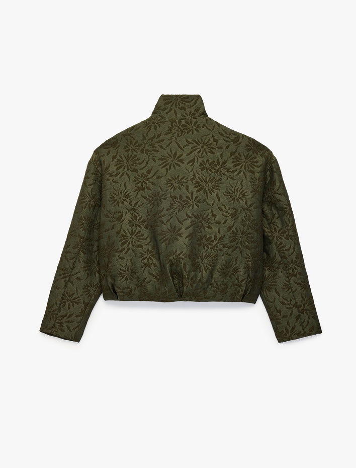  Oversize Jakarlı Floral Dik Yaka Bomber Ceket Uzun Kollu Fermuarlı