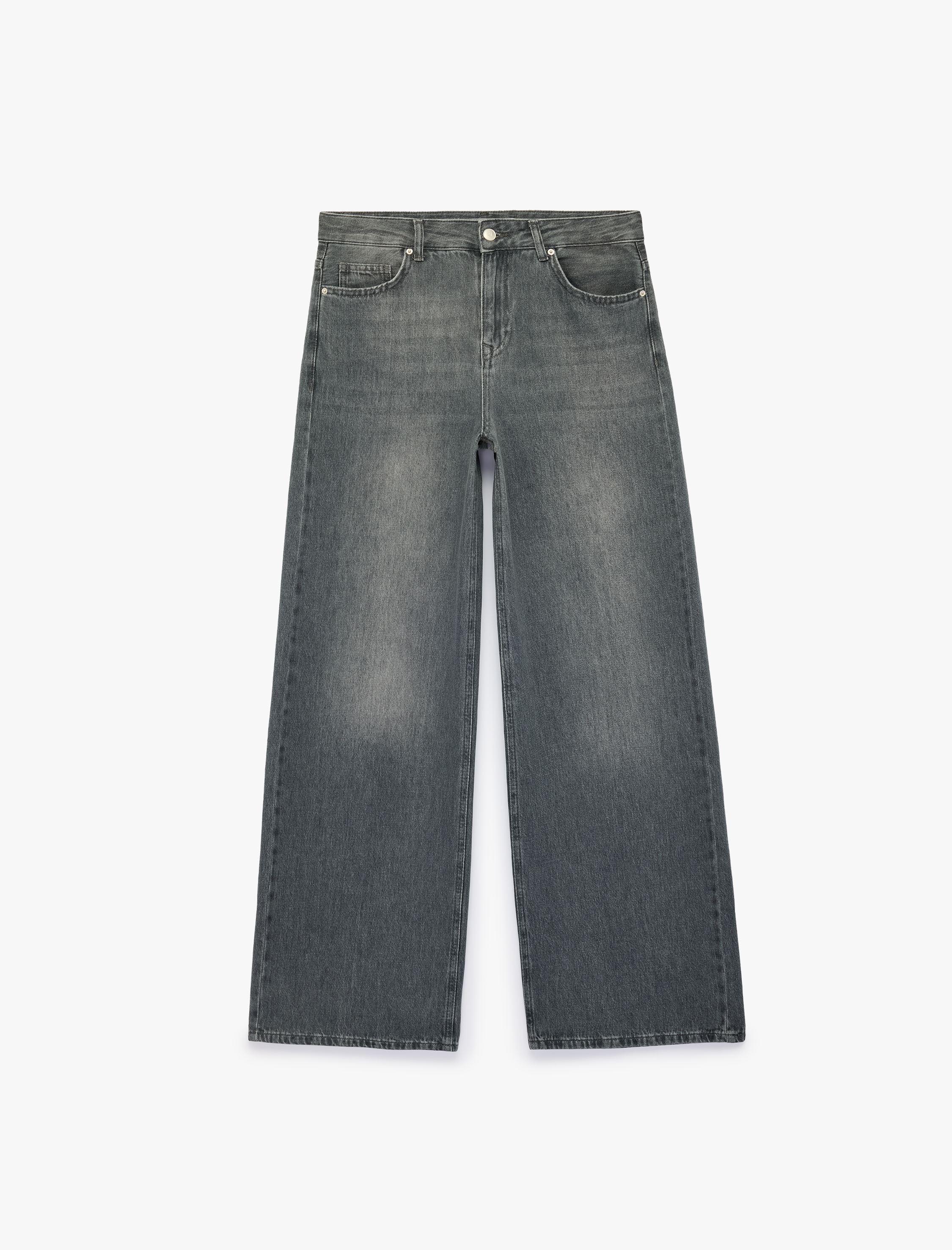   Pamuklu Cepli Düğmeli Düşük Bel Düz Bol Kalıp Denim Pantolon - Loose Straight Fit Jean