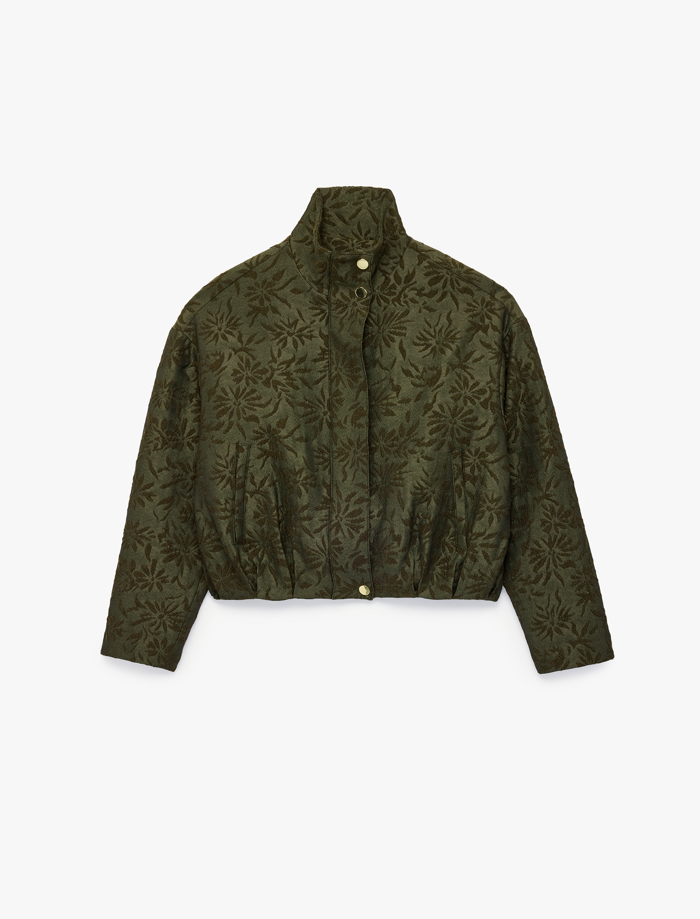   Oversize Jakarlı Floral Dik Yaka Bomber Ceket Uzun Kollu Fermuarlı