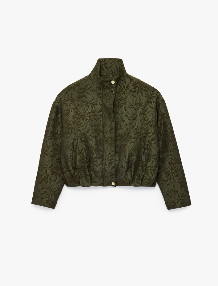  Oversize Jakarlı Floral Dik Yaka Bomber Ceket Uzun Kollu Fermuarlı