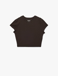 Viskon Karışımlı Kısa Kollu Bisiklet Yaka Slim Fit Çizgili Crop Spor Tişört