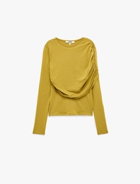 Büzgülü Asimetrik Yün Karışımlı Bluz Uzun Kollu Bisiklet Yaka Slim Fit